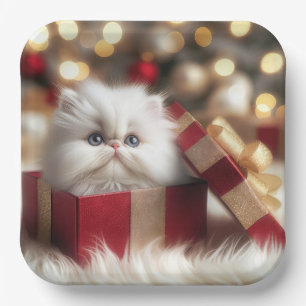 Plato De Papel Navidades Gatito persa en una caja de regalo