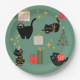 Plato De Papel Navidades Gatos Negros