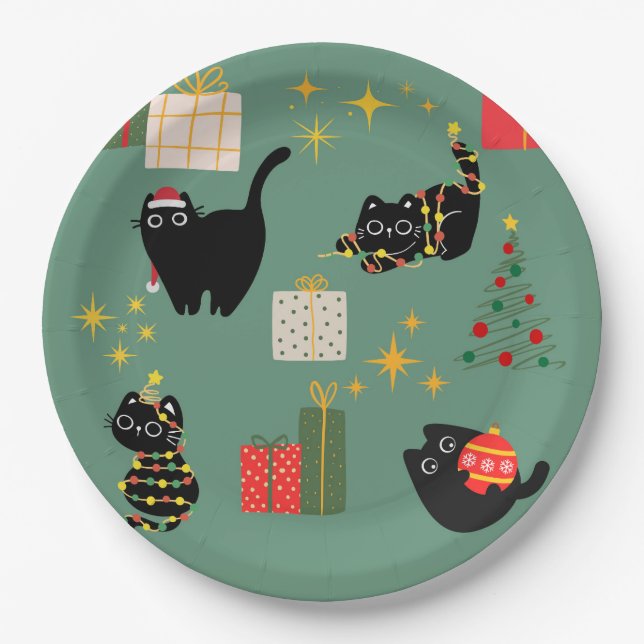 Plato De Papel Navidades Gatos Negros (Anverso)