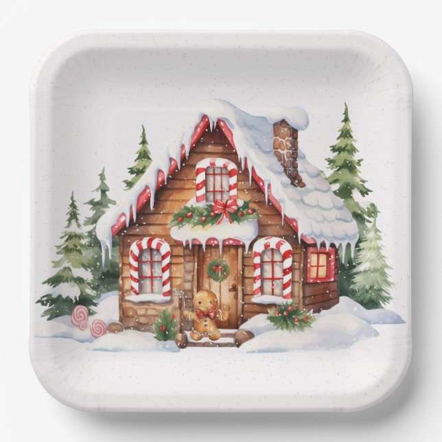 Plato De Papel Navidades Gingerbread House En Nieve (Anverso)