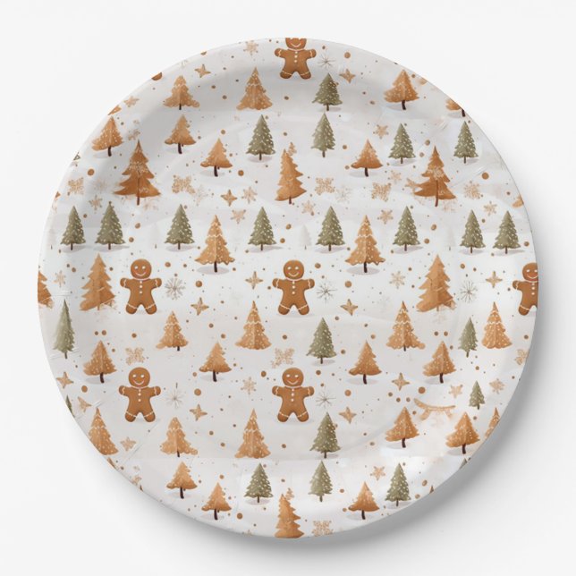 Plato De Papel Navidades Gingerbread Men and Snowflakes (Anverso)
