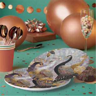 Plato De Papel Navidades Gold White Peacocks