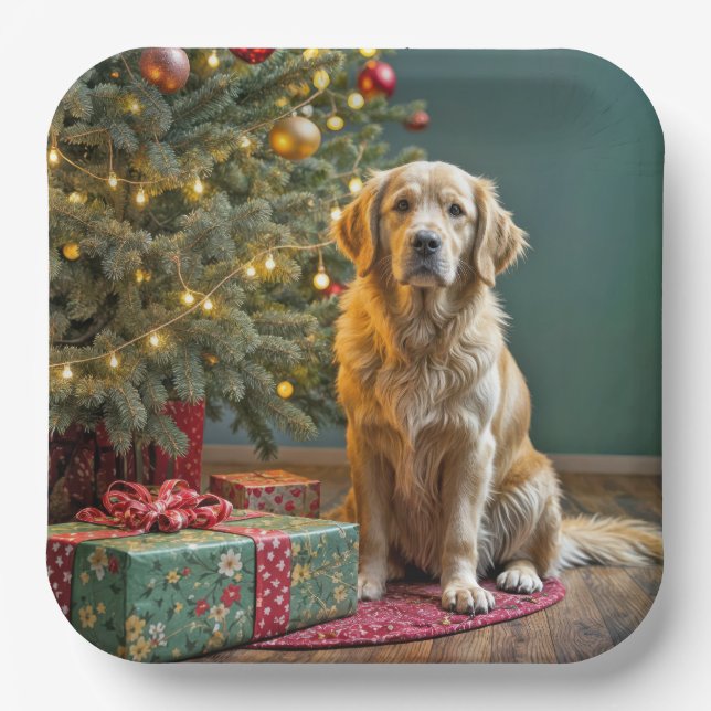 Plato De Papel Navidades Golden Retriever con regalos (Anverso)