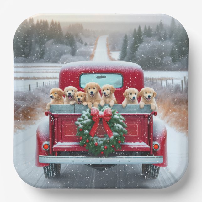 Plato De Papel Navidades Golden Retriever Cuppies En Camión (Anverso)