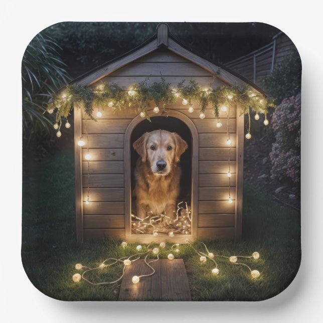 Plato De Papel Navidades Golden Retriever En Doghouse (Anverso)