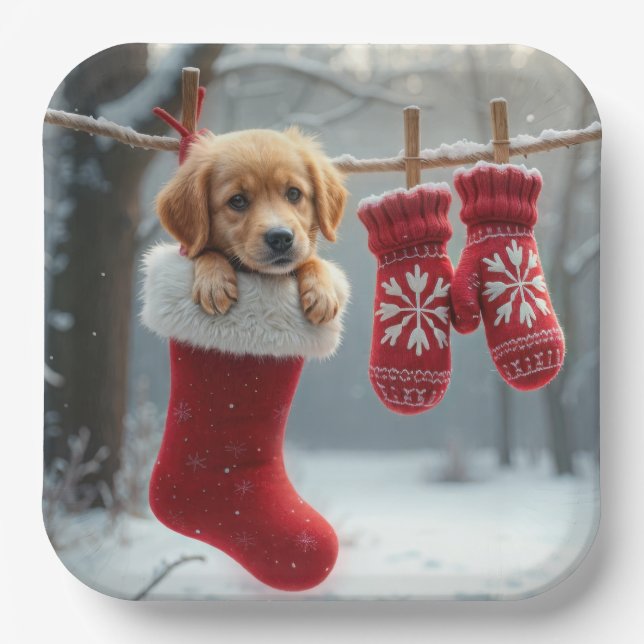 Plato De Papel Navidades Golden Retriever in a Stocking (Anverso)