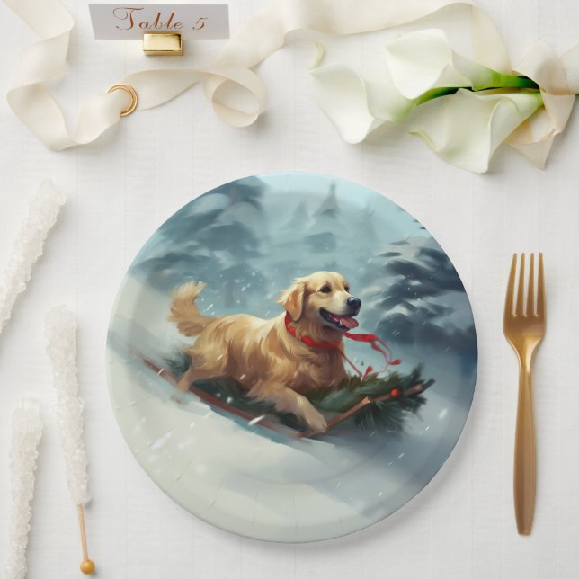 Plato De Papel Navidades Golden Retriever nevan invierno (Boda)
