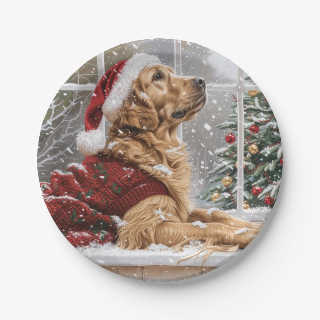Plato De Papel Navidades Golden Retriever Santa Dog (Anverso)