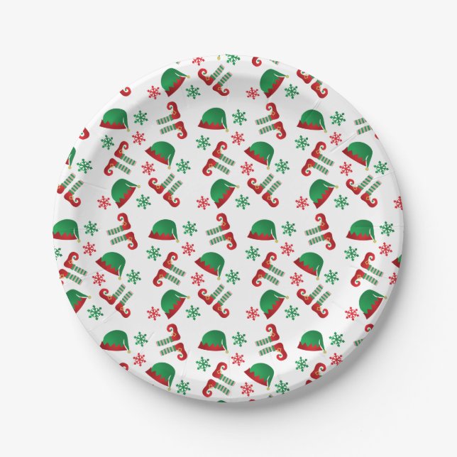 Plato De Papel Navidades Gorra Elf Patrón de copos de nieve Rojo  (Anverso)