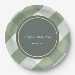 Plato De Papel Navidades Green Gingham Plaid Gold