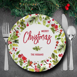 Plato De Papel Navidades Greenery Berries Holiday