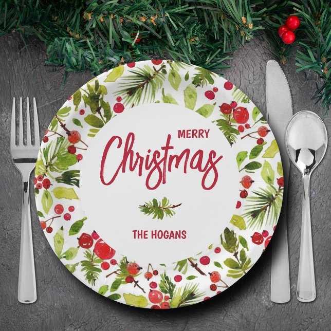 Plato De Papel Navidades Greenery Berries Holiday (Personalized Merry Christmas paper plates with greenery and berries)