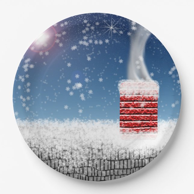 Plato De Papel Navidades hasta Snowy Winter Chimney Rooftop (Anverso)