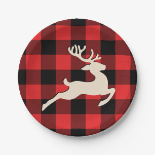 Plato De Papel Navidades Holiday Deer Antlers Red Black Gingham