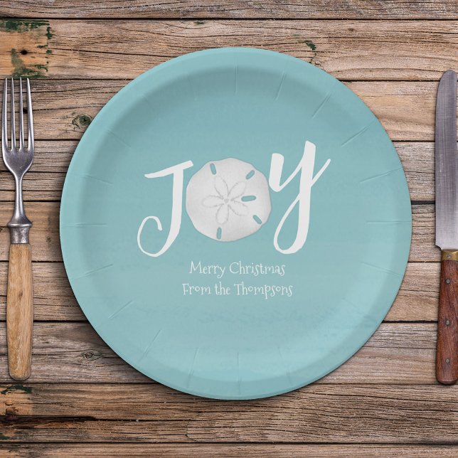 Plato De Papel Navidades Holiday Elegant Beach Turquoise Costa (Simple Christmas holiday "Joy" typography sand dollar design.)