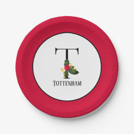 Plato De Papel Navidades Holly Berry Monograma T inicial