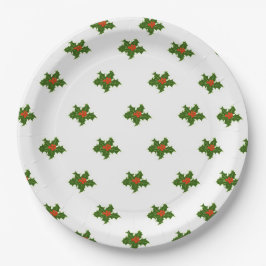 Plato De Papel Navidades Holly Pattern Red Berries Hojas verdes