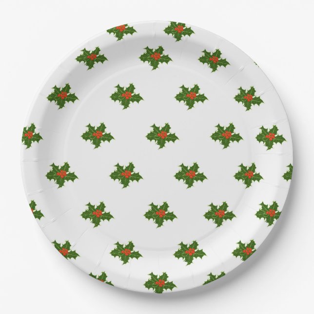 Plato De Papel Navidades Holly Pattern Red Berries Hojas verdes (Anverso)