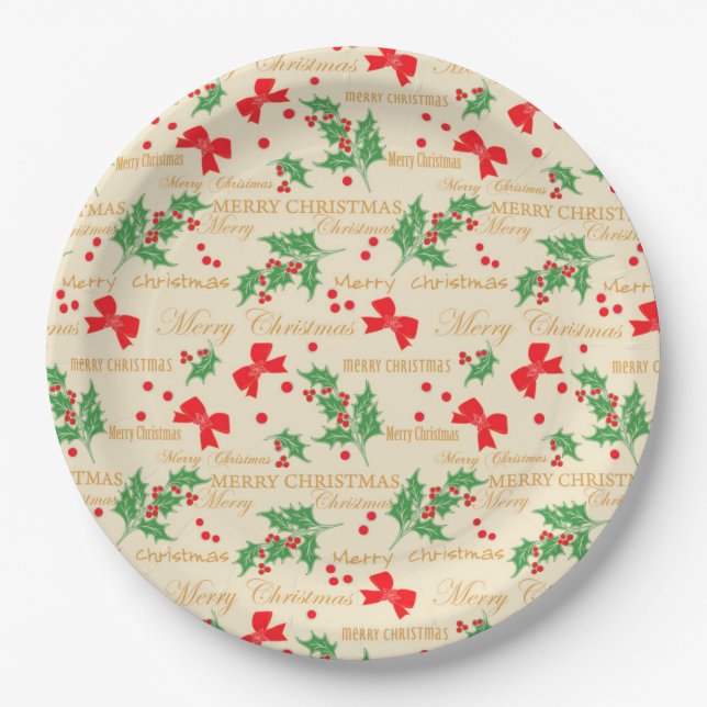 Plato De Papel Navidades Holly y Ribbon (Anverso)