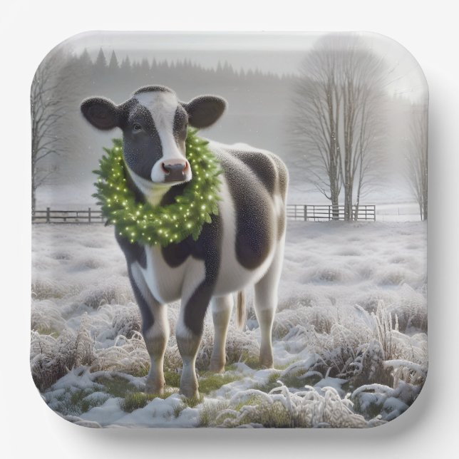 Plato De Papel Navidades Holstein Vaca con guirnalda (Anverso)