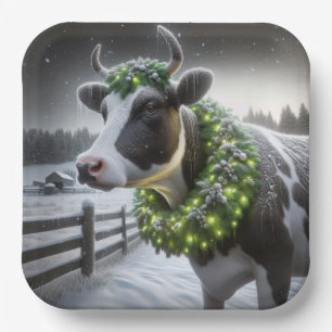 Plato De Papel Navidades Holstein Vaca Con Guirnalda Brillante