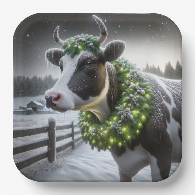 Plato De Papel Navidades Holstein Vaca Con Guirnalda Brillante (Anverso)