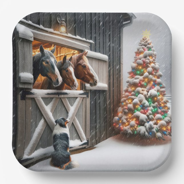 Plato De Papel Navidades Horse Barn con Pastor Australiano (Anverso)