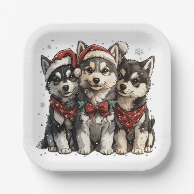 Plato De Papel Navidades Husky Dogs (Anverso)