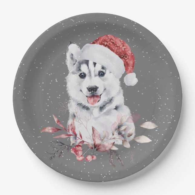 Plato De Papel Navidades Husky En Gris (Anverso)