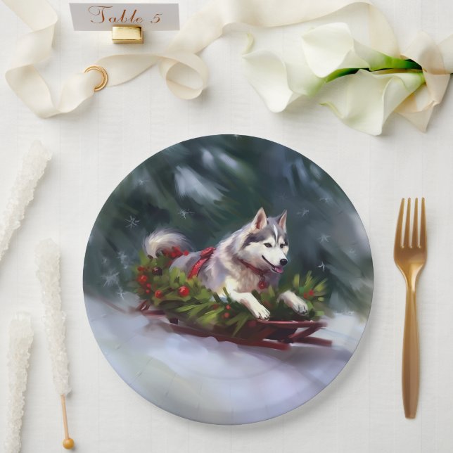 Plato De Papel Navidades Husky siberianos nevan el invierno (Boda)