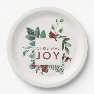 Plato De Papel Navidades Joy Cardinal Bird Berries