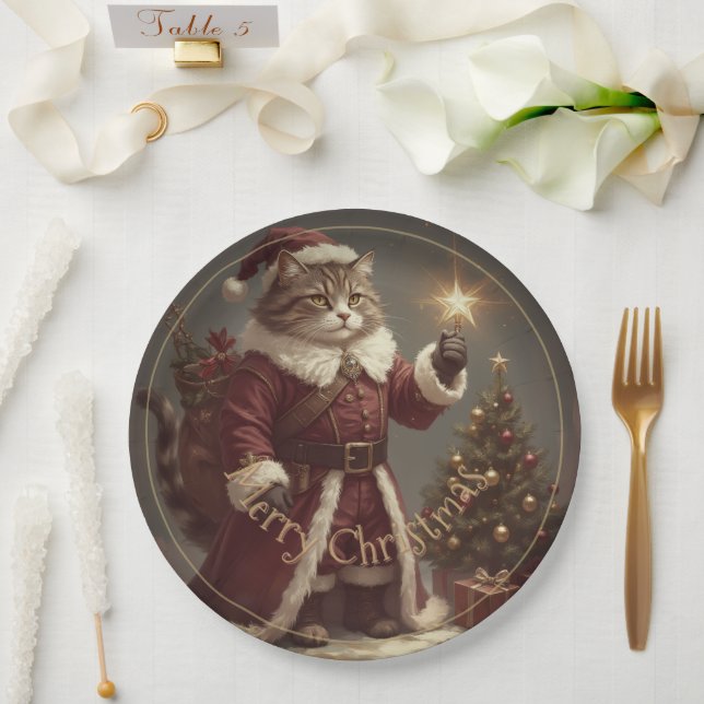 Plato De Papel Navidades Kitty Cat Holiday diseñado (Boda)