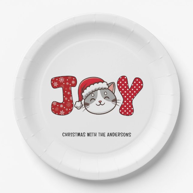 Plato De Papel Navidades Kitty Cat "JOY" Personalizado (Anverso)