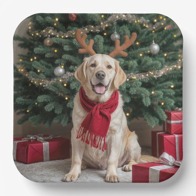 Plato De Papel Navidades Labrador Recuperador con Antlers (Anverso)