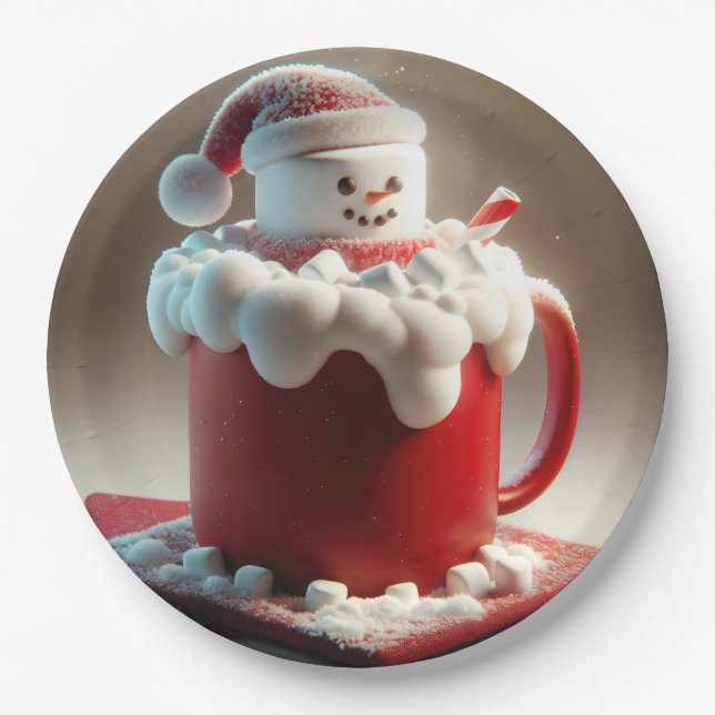 Plato De Papel Navidades Marshmallow Snowman In Hot Chocolate (Anverso)