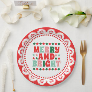 Plato De Papel Navidades Merry y Bright Moderno negrita rojo rosa