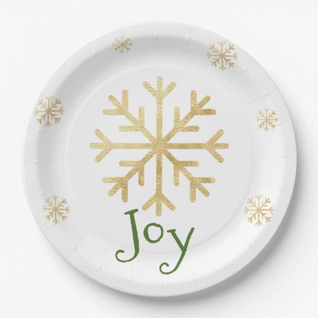 Plato De Papel Navidades modernos verdes de copo de nieve "JOY" d (Anverso)