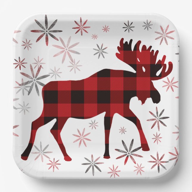 Plato De Papel Navidades Moose platillos rojos copos de nieve (Anverso)