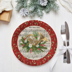 Plato De Papel Navidades Music Notes French Horn Red