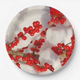 Plato De Papel Navidades Nieve festividades rojas Berries Navidad