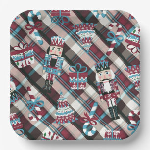 Plato De Papel Navidades Nutcracker Plaid Blue Burgundy