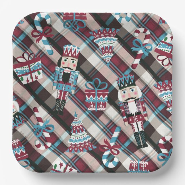 Plato De Papel Navidades Nutcracker Plaid Blue Burgundy (Anverso)