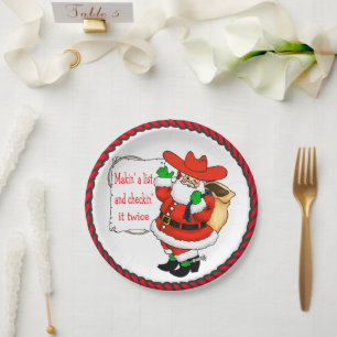 Plato De Papel Navidades occidentales Cowboy Santa con lista