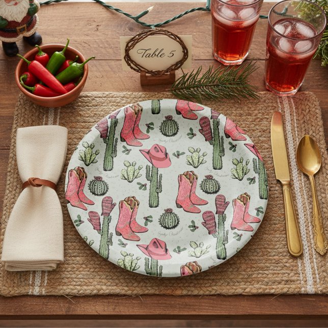 Plato De Papel Navidades occidentales Cowgirl Boots Navidades How (Sage Country Christmas Paper Plates Western Howdy Christmas Cowgirl Boots, Hat, Cacti Holly Berries)