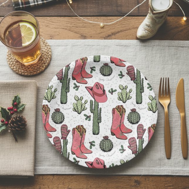 Plato De Papel Navidades occidentales Cowgirl Boots Navidades How (White Country Christmas Paper Plates Western Howdy Christmas Cowgirl Boots, Hat, Cacti Holly Berries)