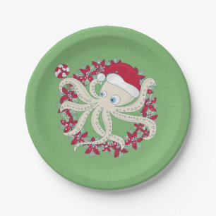 Plato De Papel navidades oceánicos octopus santa wreath poinsetti