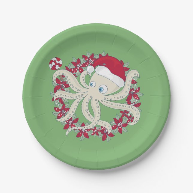 Plato De Papel navidades oceánicos octopus santa wreath poinsetti (Anverso)