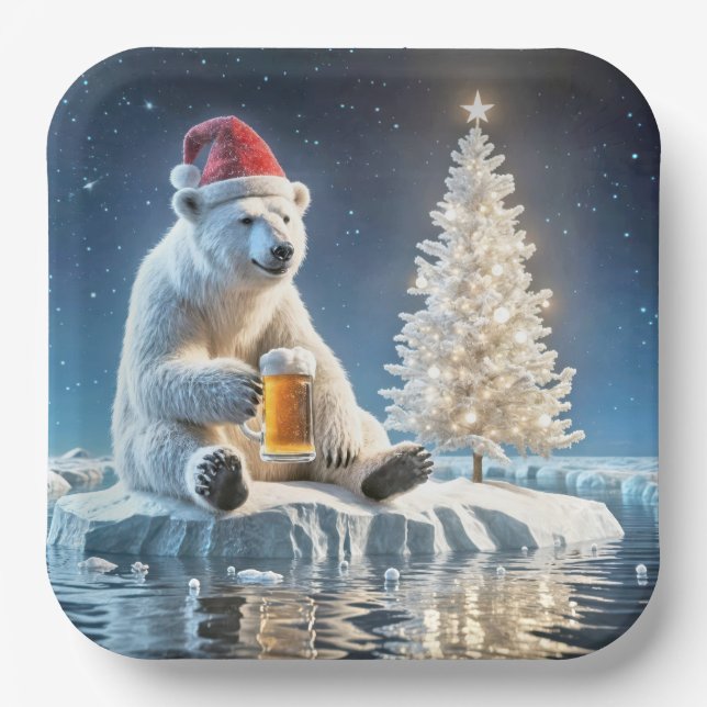 Plato De Papel Navidades Oso Polar Con Cerveza (Anverso)