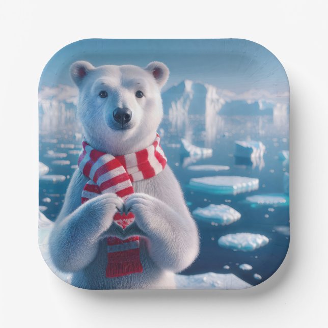 Plato De Papel Navidades oso polar con corazón (Anverso)