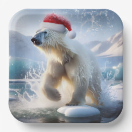 Plato De Papel Navidades Oso Polar Con Santa Cap
